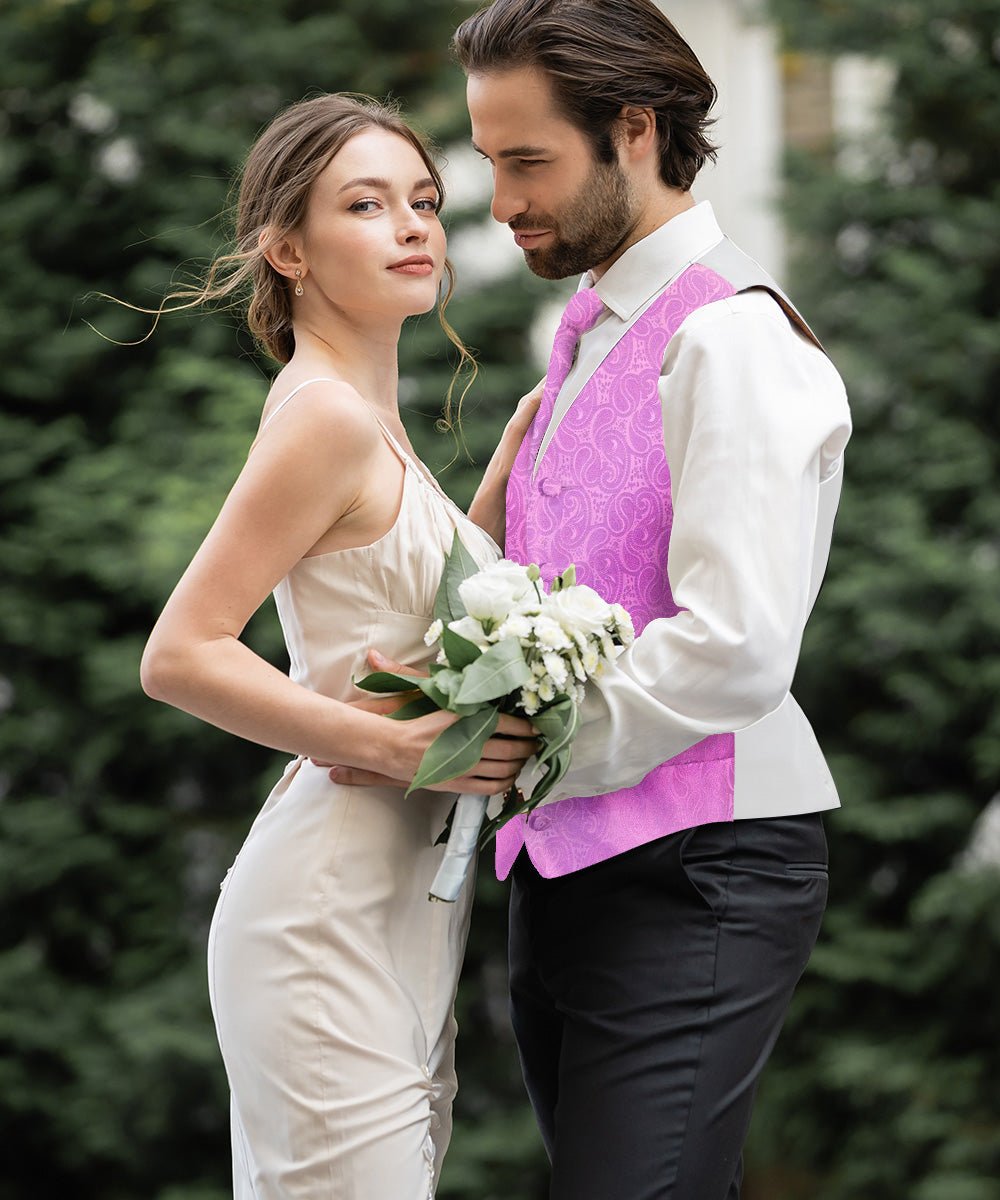 Vittorio Farina Men's Mint Woven Paisley Vest, Necktie, Bow Tie and Pocket Square Set (White Back) - Lavender - Vest Set - Vittorio Farina