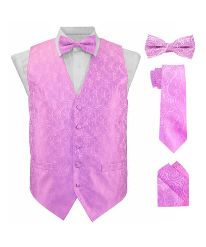 Vittorio Farina Men's Mint Woven Paisley Vest, Necktie, Bow Tie and Pocket Square Set (White Back) - Lavender - Vest Set - Vittorio Farina