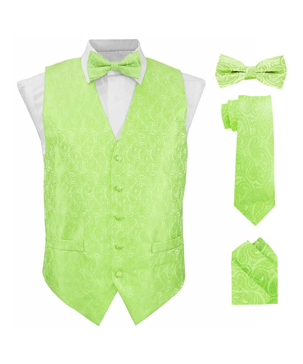 Vittorio Farina Men's Mint Woven Paisley Vest, Necktie, Bow Tie and Pocket Square Set (White Back) - Mint Green - Vest Set - Vittorio Farina