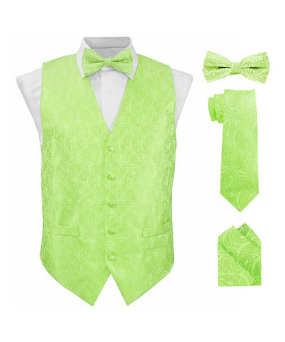 Vittorio Farina Men's Mint Woven Paisley Vest, Necktie, Bow Tie and Pocket Square Set (White Back) - Mint Green - Vest Set - Vittorio Farina
