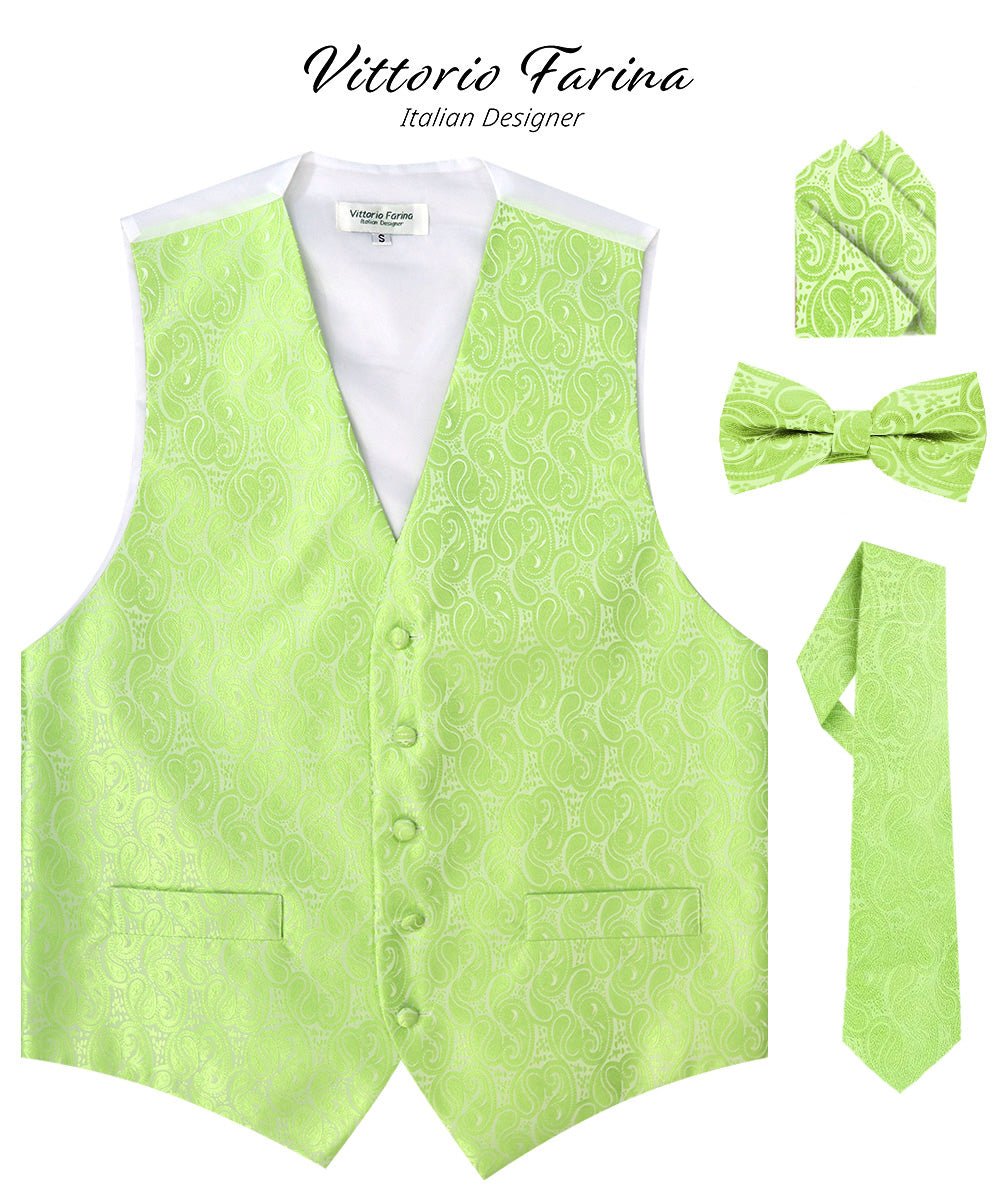 Vittorio Farina Men's Mint Woven Paisley Vest, Necktie, Bow Tie and Pocket Square Set (White Back) - Mint Green - Vest Set - Vittorio Farina