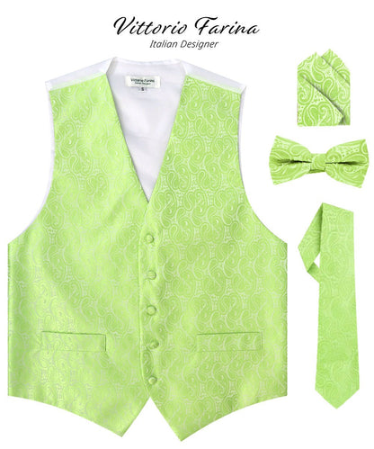 Vittorio Farina Men's Mint Woven Paisley Vest, Necktie, Bow Tie and Pocket Square Set (White Back) - Mint Green - Vest Set - Vittorio Farina