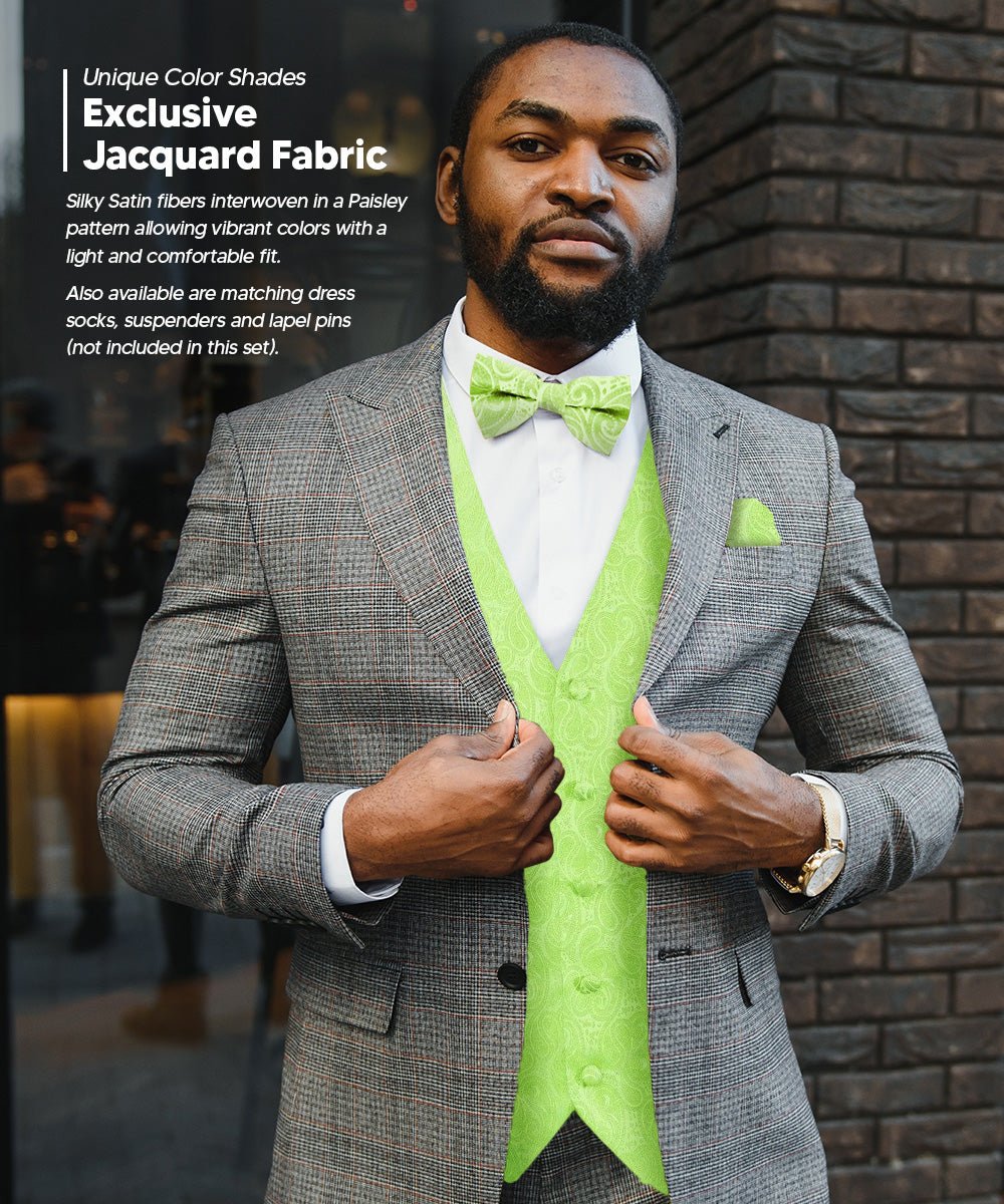 Vittorio Farina Men's Mint Woven Paisley Vest, Necktie, Bow Tie and Pocket Square Set (White Back) - Mint Green - Vest Set - Vittorio Farina