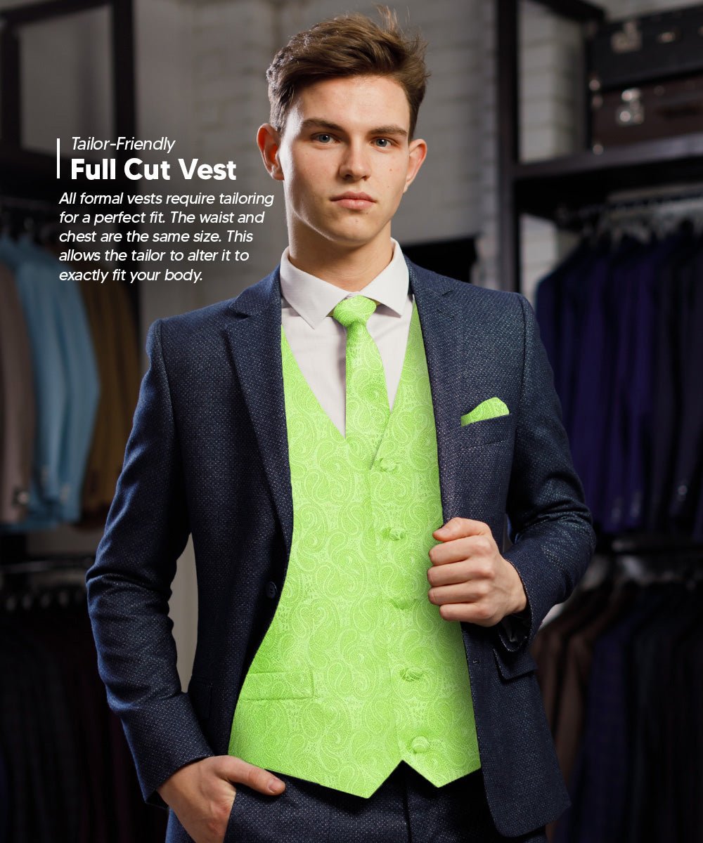 Vittorio Farina Men's Mint Woven Paisley Vest, Necktie, Bow Tie and Pocket Square Set (White Back) - Mint Green - Vest Set - Vittorio Farina