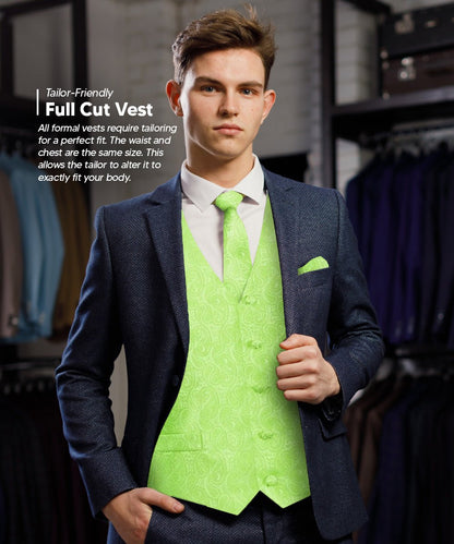 Vittorio Farina Men's Mint Woven Paisley Vest, Necktie, Bow Tie and Pocket Square Set (White Back) - Mint Green - Vest Set - Vittorio Farina