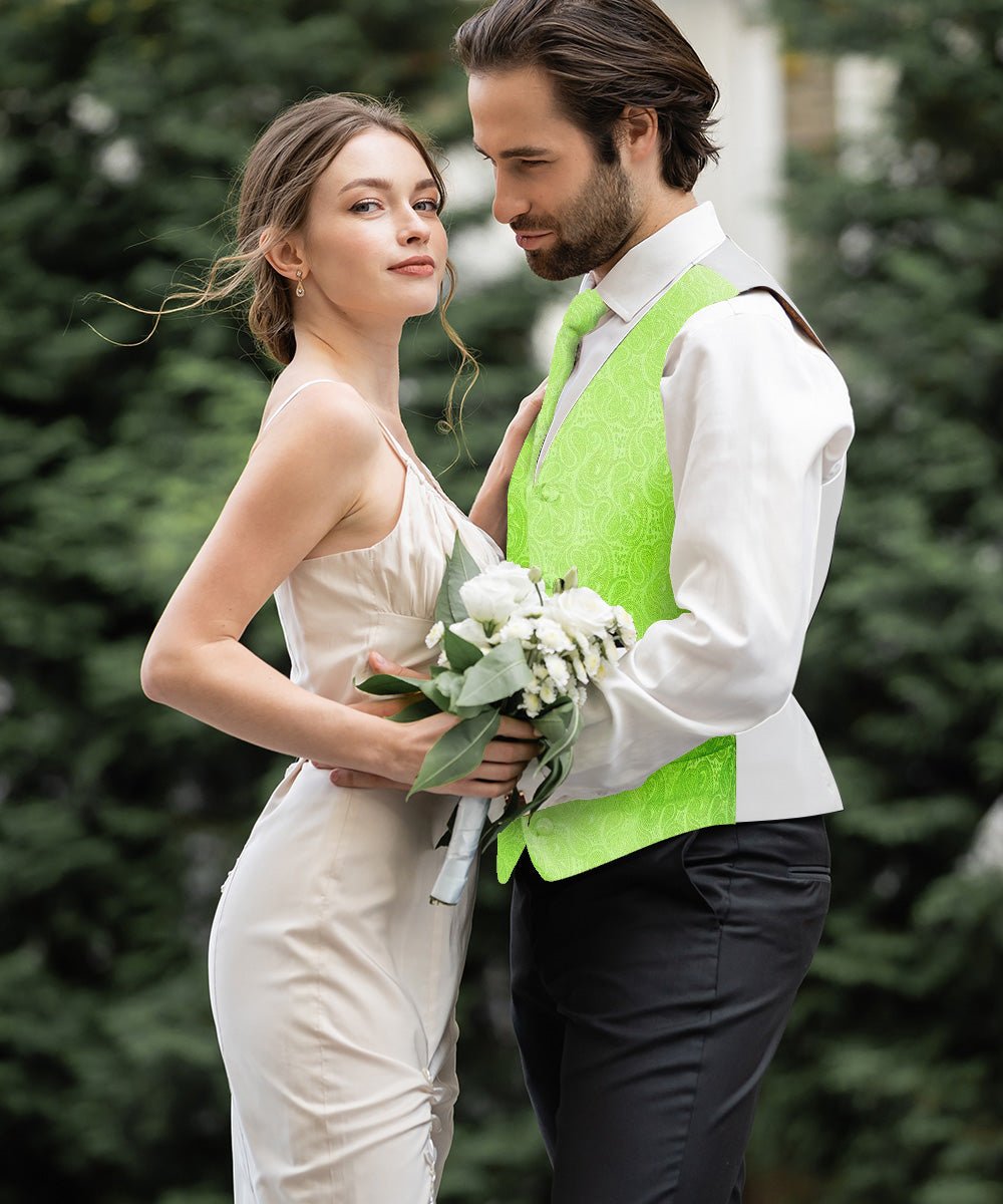 Vittorio Farina Men's Mint Woven Paisley Vest, Necktie, Bow Tie and Pocket Square Set (White Back) - Mint Green - Vest Set - Vittorio Farina