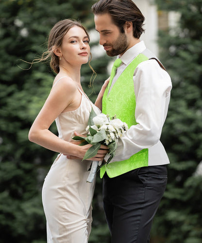 Vittorio Farina Men's Mint Woven Paisley Vest, Necktie, Bow Tie and Pocket Square Set (White Back) - Mint Green - Vest Set - Vittorio Farina