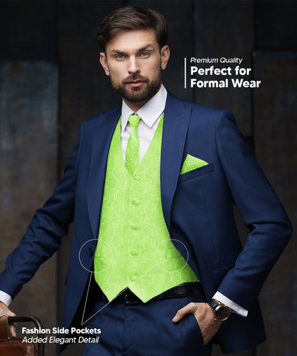 Vittorio Farina Men's Mint Woven Paisley Vest, Necktie, Bow Tie and Pocket Square Set (White Back) - Mint Green - Vest Set - Vittorio Farina