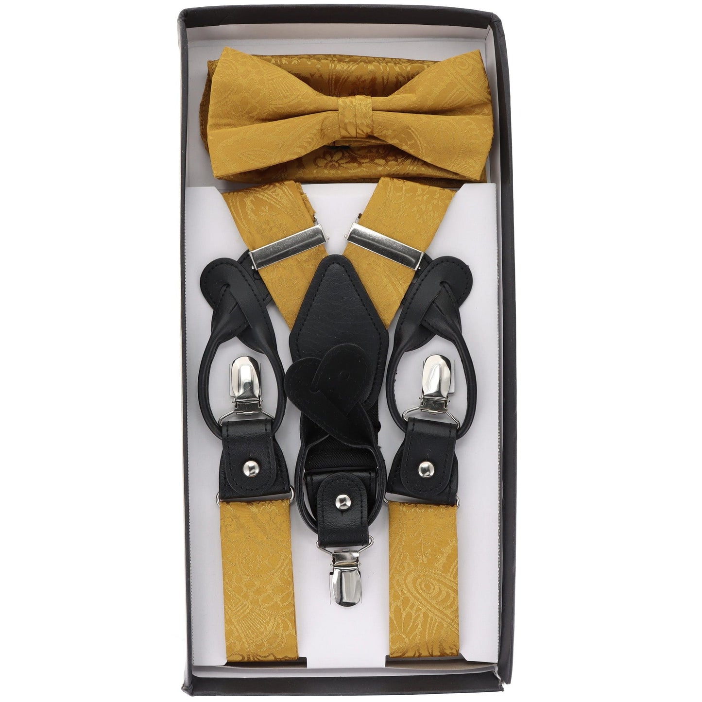 Vittorio Farina Men's Paisley Clip End Suspender with Silver Hardware in Gift Box: 70% Polyester & 30% Elastomer - Gold - Suspender & Bowtie Set - Vittorio Farina