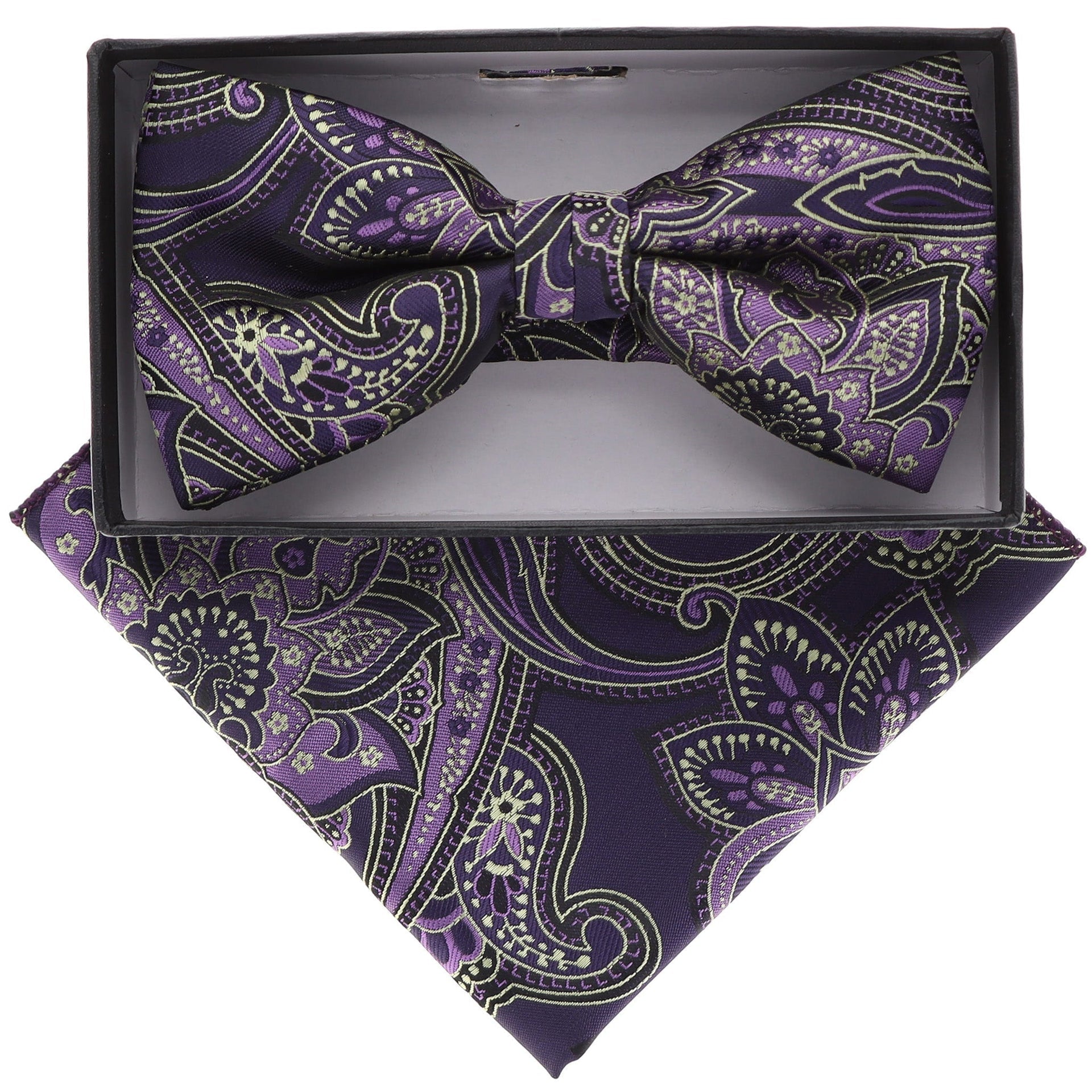 Vittorio Farina Men's Paisley Design Satin Bow Tie & Pocket Square in Gift Box - BH-21066 - Bow Tie & Pocket Square - Vittorio Farina