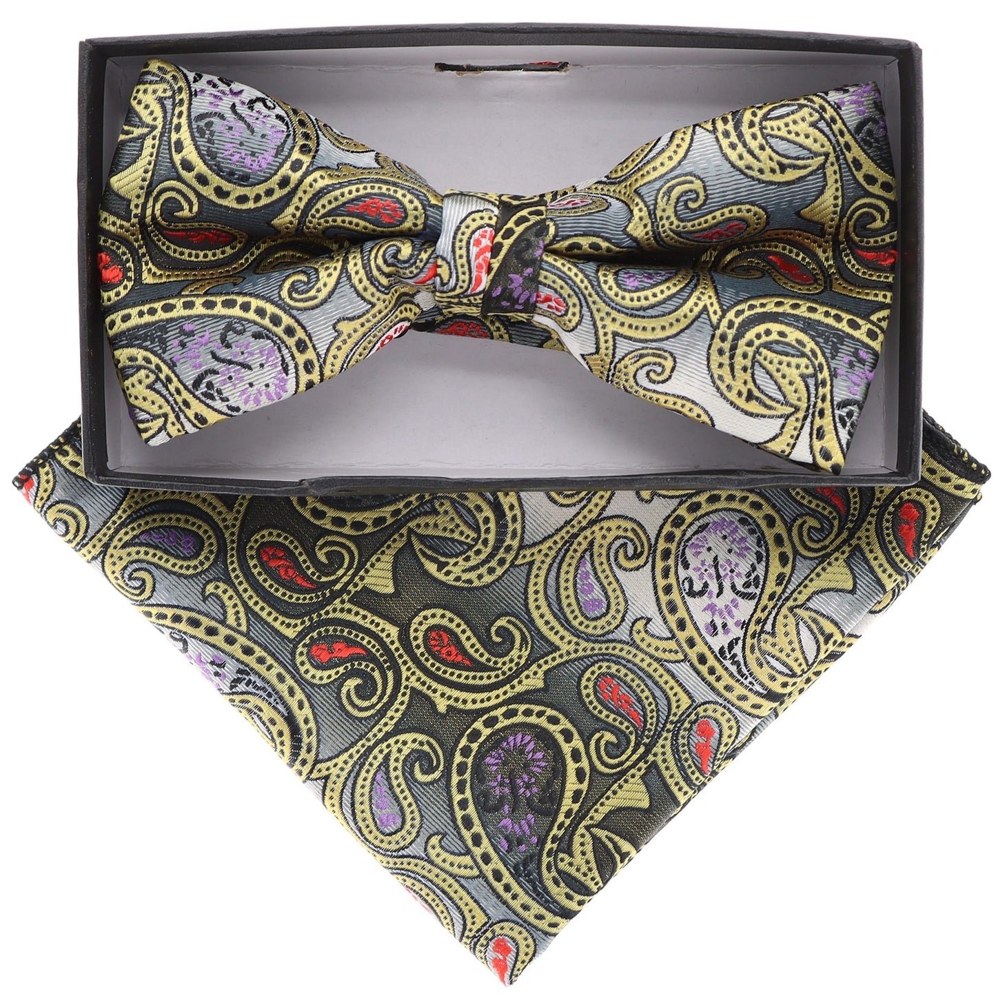 Vittorio Farina Men's Paisley Design Satin Bow Tie & Pocket Square in Gift Box - BH-21103 - Bow Tie & Pocket Square - Vittorio Farina