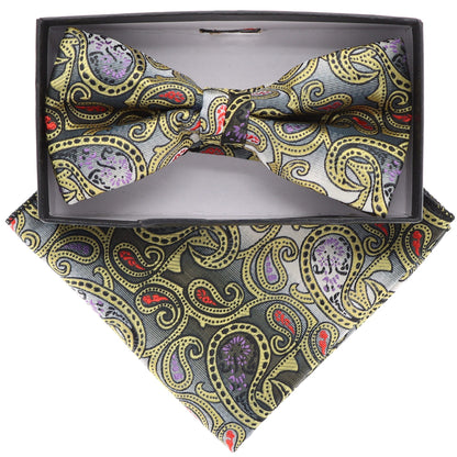 Vittorio Farina Men's Paisley Design Satin Bow Tie & Pocket Square in Gift Box - BH-21103 - Bow Tie & Pocket Square - Vittorio Farina