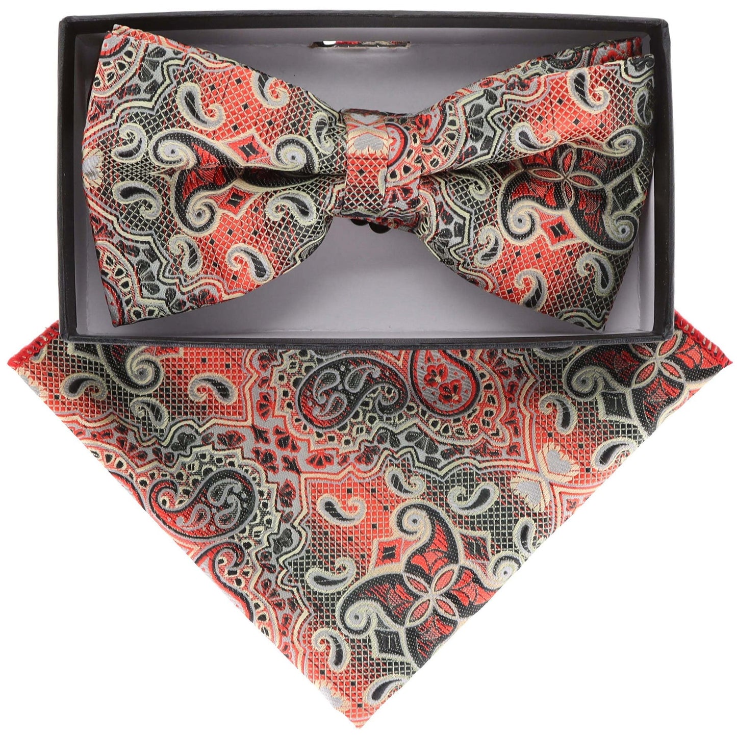 Vittorio Farina Men's Paisley Design Satin Bow Tie & Pocket Square in Gift Box - BH-21166 - Bow Tie & Pocket Square - Vittorio Farina
