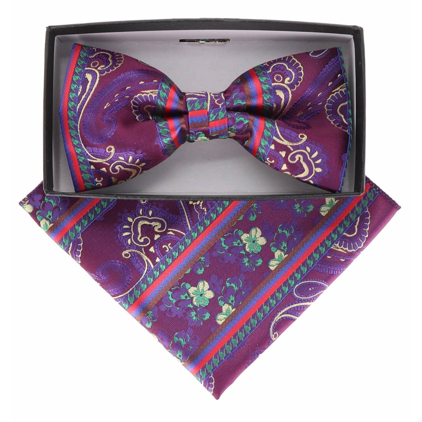 Vittorio Farina Men's Paisley Design Satin Bow Tie & Pocket Square in Gift Box - BH-21166 - Bow Tie & Pocket Square - Vittorio Farina