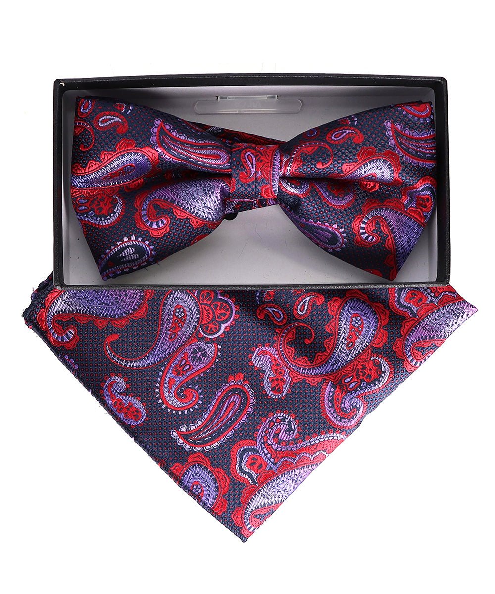 Vittorio Farina Men's Paisley Design Satin Bow Tie & Pocket Square in Gift Box - BH-23002 - Bow Tie & Pocket Square - Vittorio Farina