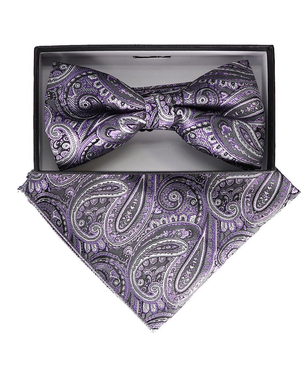 Vittorio Farina Men's Paisley Design Satin Bow Tie & Pocket Square in Gift Box - BH-23043 - Bow Tie & Pocket Square - Vittorio Farina