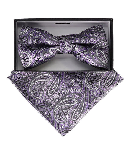Vittorio Farina Men's Paisley Design Satin Bow Tie & Pocket Square in Gift Box - BH-23043 - Bow Tie & Pocket Square - Vittorio Farina