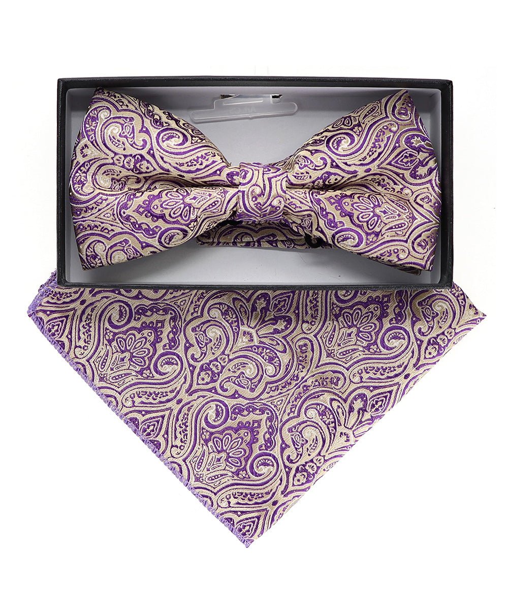 Vittorio Farina Men's Paisley Design Satin Bow Tie & Pocket Square in Gift Box - BH-23064 - Bow Tie & Pocket Square - Vittorio Farina