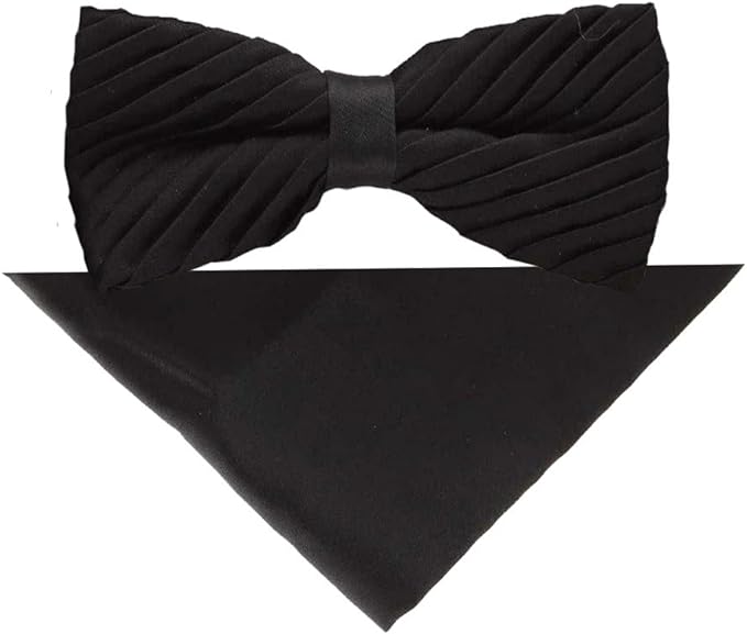 Vittorio Farina Men's Pleated Satin Bow Tie & Pocket Square in Gift Box - Black - Bow Tie & Pocket Square - Vittorio Farina