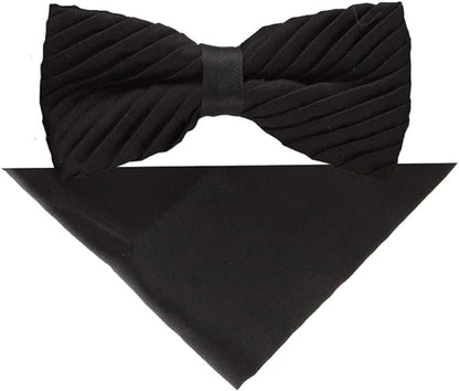 Vittorio Farina Men's Pleated Satin Bow Tie & Pocket Square in Gift Box - Black - Bow Tie & Pocket Square - Vittorio Farina