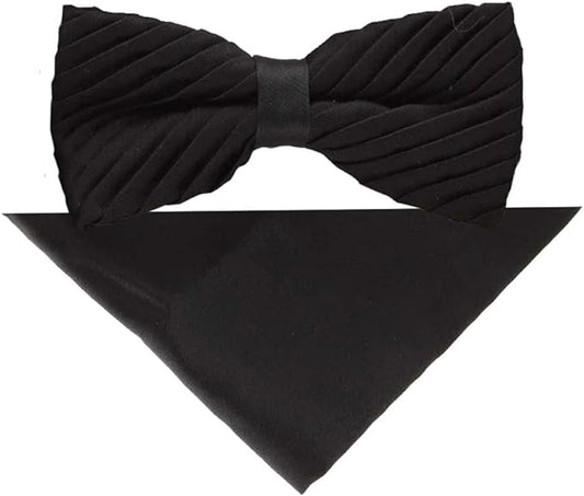 Vittorio Farina Men's Pleated Satin Bow Tie & Pocket Square in Gift Box - Black - Bow Tie & Pocket Square - Vittorio Farina