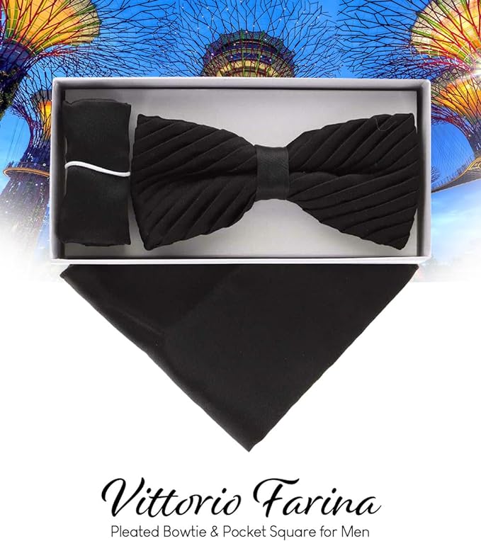 Vittorio Farina Men's Pleated Satin Bow Tie & Pocket Square in Gift Box - Black - Bow Tie & Pocket Square - Vittorio Farina
