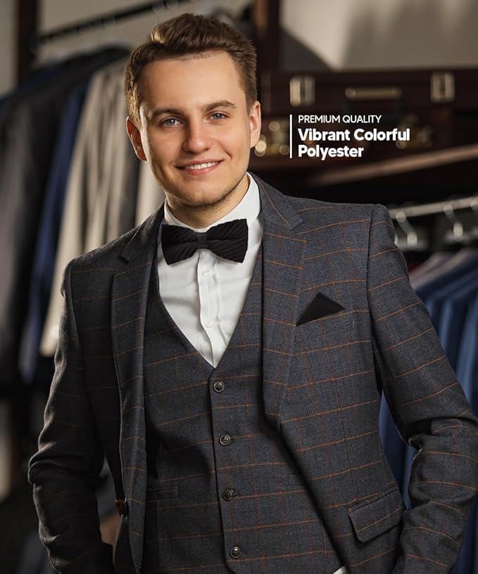 Vittorio Farina Men's Pleated Satin Bow Tie & Pocket Square in Gift Box - Black - Bow Tie & Pocket Square - Vittorio Farina
