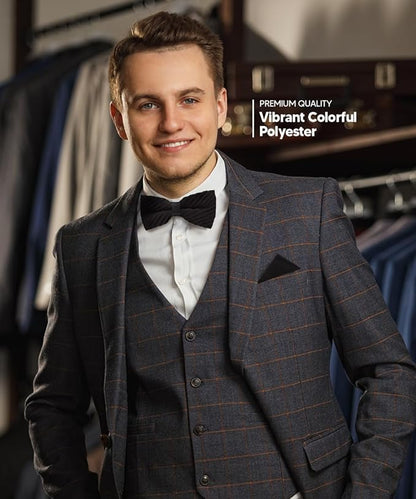 Vittorio Farina Men's Pleated Satin Bow Tie & Pocket Square in Gift Box - Black - Bow Tie & Pocket Square - Vittorio Farina