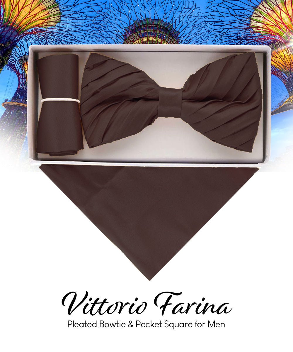 Vittorio Farina Men's Pleated Satin Bow Tie & Pocket Square in Gift Box - Brown - Bow Tie & Pocket Square - Vittorio Farina