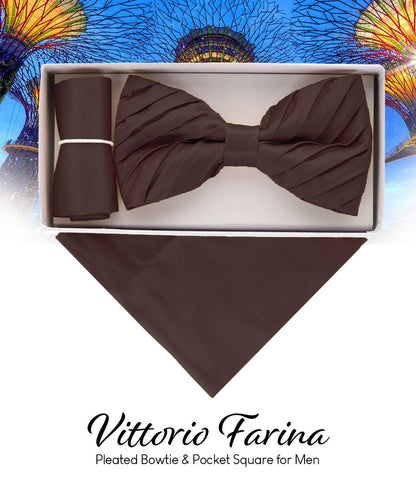 Vittorio Farina Men's Pleated Satin Bow Tie & Pocket Square in Gift Box - Brown - Bow Tie & Pocket Square - Vittorio Farina