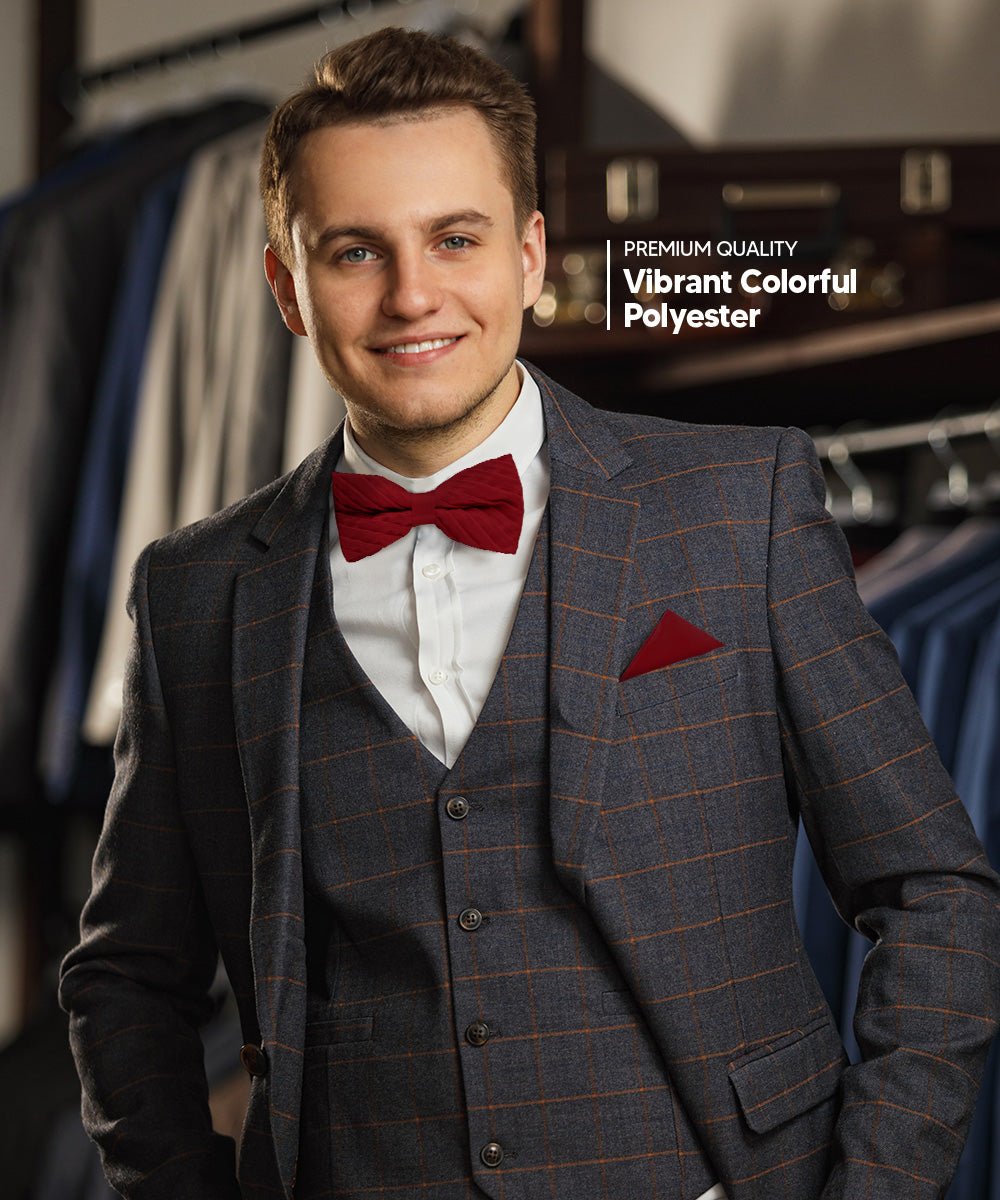 Vittorio Farina Men's Pleated Satin Bow Tie & Pocket Square in Gift Box - Burgundy - Bow Tie & Pocket Square - Vittorio Farina