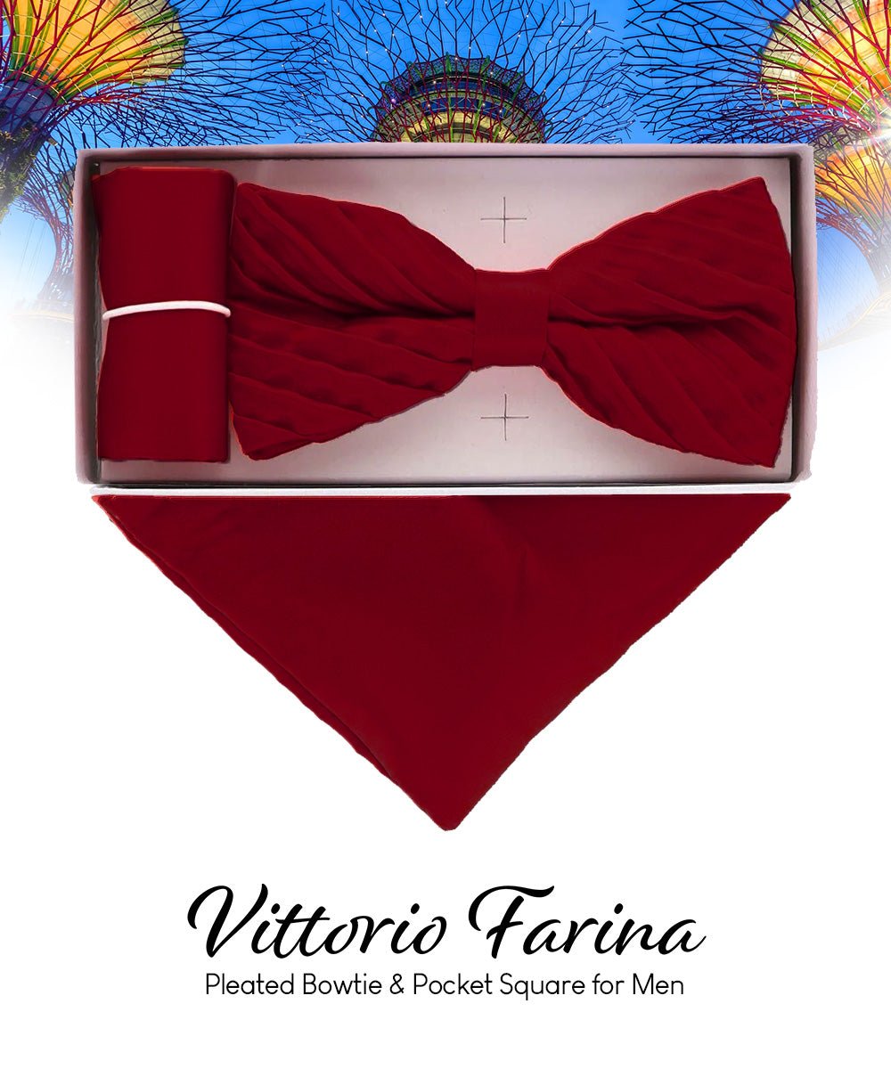 Vittorio Farina Men's Pleated Satin Bow Tie & Pocket Square in Gift Box - Burgundy - Bow Tie & Pocket Square - Vittorio Farina