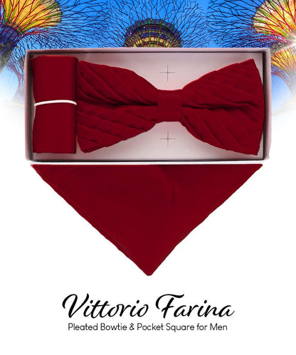 Vittorio Farina Men's Pleated Satin Bow Tie & Pocket Square in Gift Box - Burgundy - Bow Tie & Pocket Square - Vittorio Farina