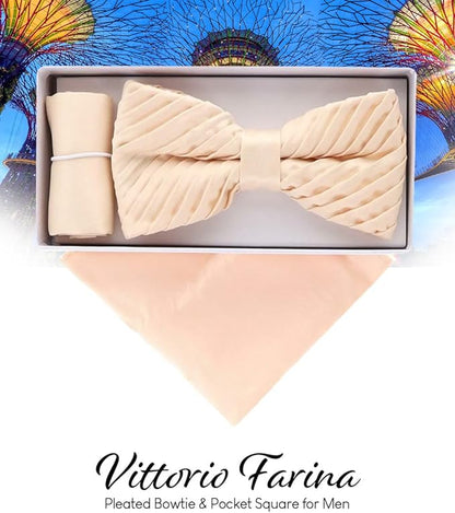 Vittorio Farina Men's Pleated Satin Bow Tie & Pocket Square in Gift Box - Ivory - Bow Tie & Pocket Square - Vittorio Farina