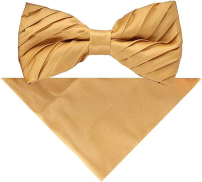 Vittorio Farina Men's Pleated Satin Bow Tie & Pocket Square in Gift Box - Mustard Yellow - Bow Tie & Pocket Square - Vittorio Farina