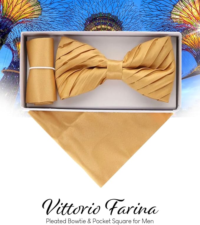 Vittorio Farina Men's Pleated Satin Bow Tie & Pocket Square in Gift Box - Mustard Yellow - Bow Tie & Pocket Square - Vittorio Farina