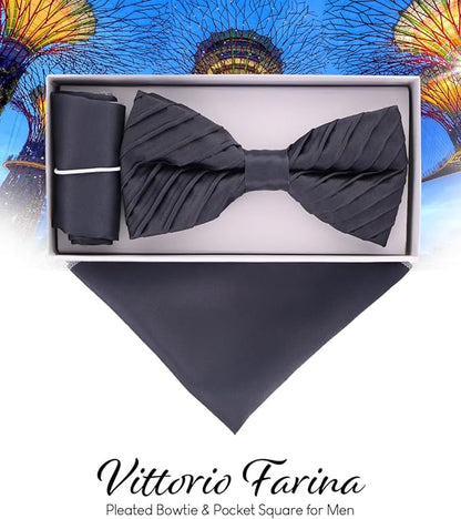 Vittorio Farina Men's Pleated Satin Bow Tie & Pocket Square in Gift Box - Navy Blue - Bow Tie & Pocket Square - Vittorio Farina