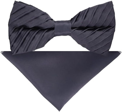 Vittorio Farina Men's Pleated Satin Bow Tie & Pocket Square in Gift Box - Navy Blue - Bow Tie & Pocket Square - Vittorio Farina