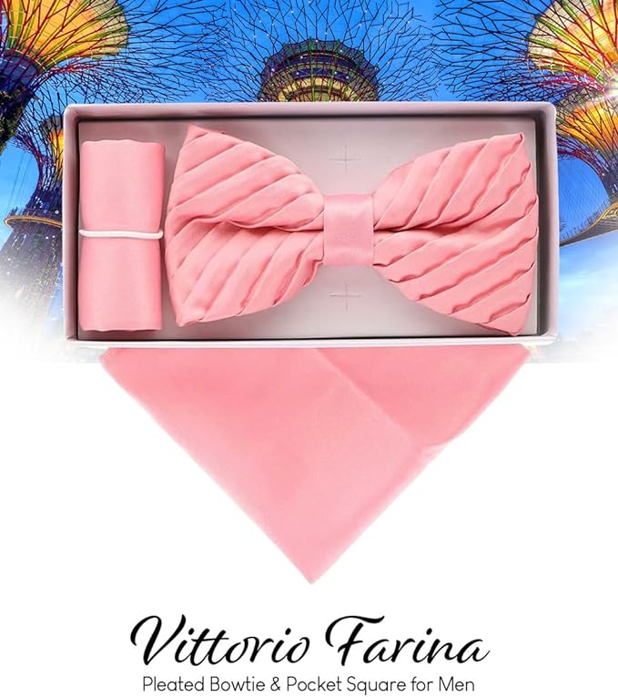 Vittorio Farina Men's Pleated Satin Bow Tie & Pocket Square in Gift Box - Pink - Bow Tie & Pocket Square - Vittorio Farina