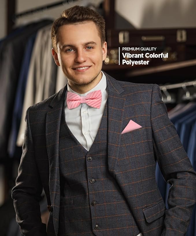 Vittorio Farina Men's Pleated Satin Bow Tie & Pocket Square in Gift Box - Pink - Bow Tie & Pocket Square - Vittorio Farina
