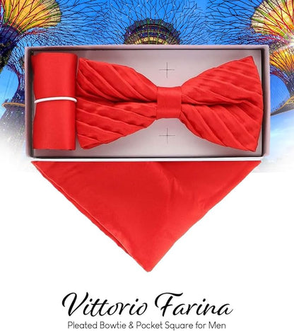 Vittorio Farina Men's Pleated Satin Bow Tie & Pocket Square in Gift Box - Red - Bow Tie & Pocket Square - Vittorio Farina