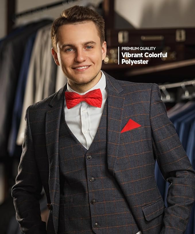 Vittorio Farina Men's Pleated Satin Bow Tie & Pocket Square in Gift Box - Red - Bow Tie & Pocket Square - Vittorio Farina