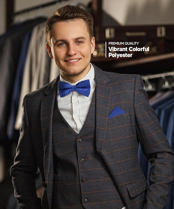 Vittorio Farina Men's Pleated Satin Bow Tie & Pocket Square in Gift Box - Royal Blue - Bow Tie & Pocket Square - Vittorio Farina