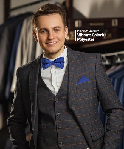 Vittorio Farina Men's Pleated Satin Bow Tie & Pocket Square in Gift Box - Royal Blue - Bow Tie & Pocket Square - Vittorio Farina