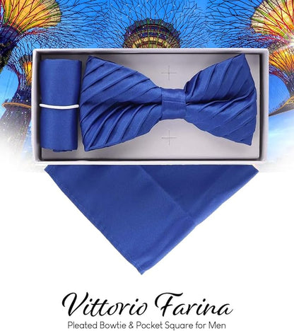 Vittorio Farina Men's Pleated Satin Bow Tie & Pocket Square in Gift Box - Royal Blue - Bow Tie & Pocket Square - Vittorio Farina