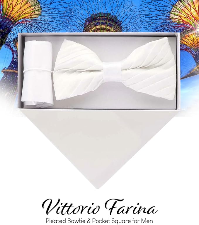 Vittorio Farina Men's Pleated Satin Bow Tie & Pocket Square in Gift Box - White - Bow Tie & Pocket Square - Vittorio Farina