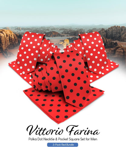 Vittorio Farina Men's Polka Dot Necktie & Pocket Square - Red and Black/Red and White/Red and White - Necktie & Pocket Square - Vittorio Farina