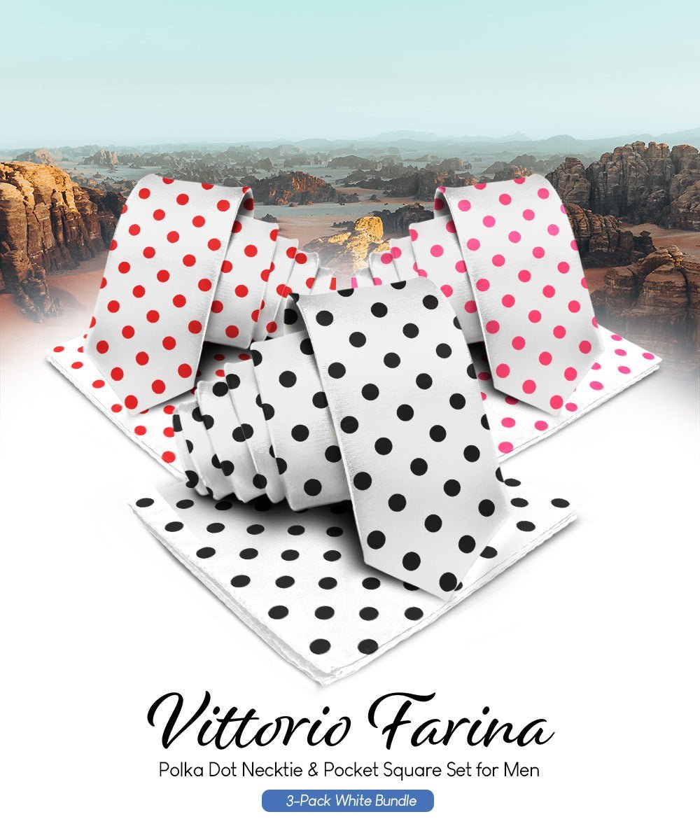 Vittorio Farina Men's Polka Dot Necktie & Pocket Square - White and Black/White and Red/White and Hot Pink - Necktie & Pocket Square - Vittorio Farina