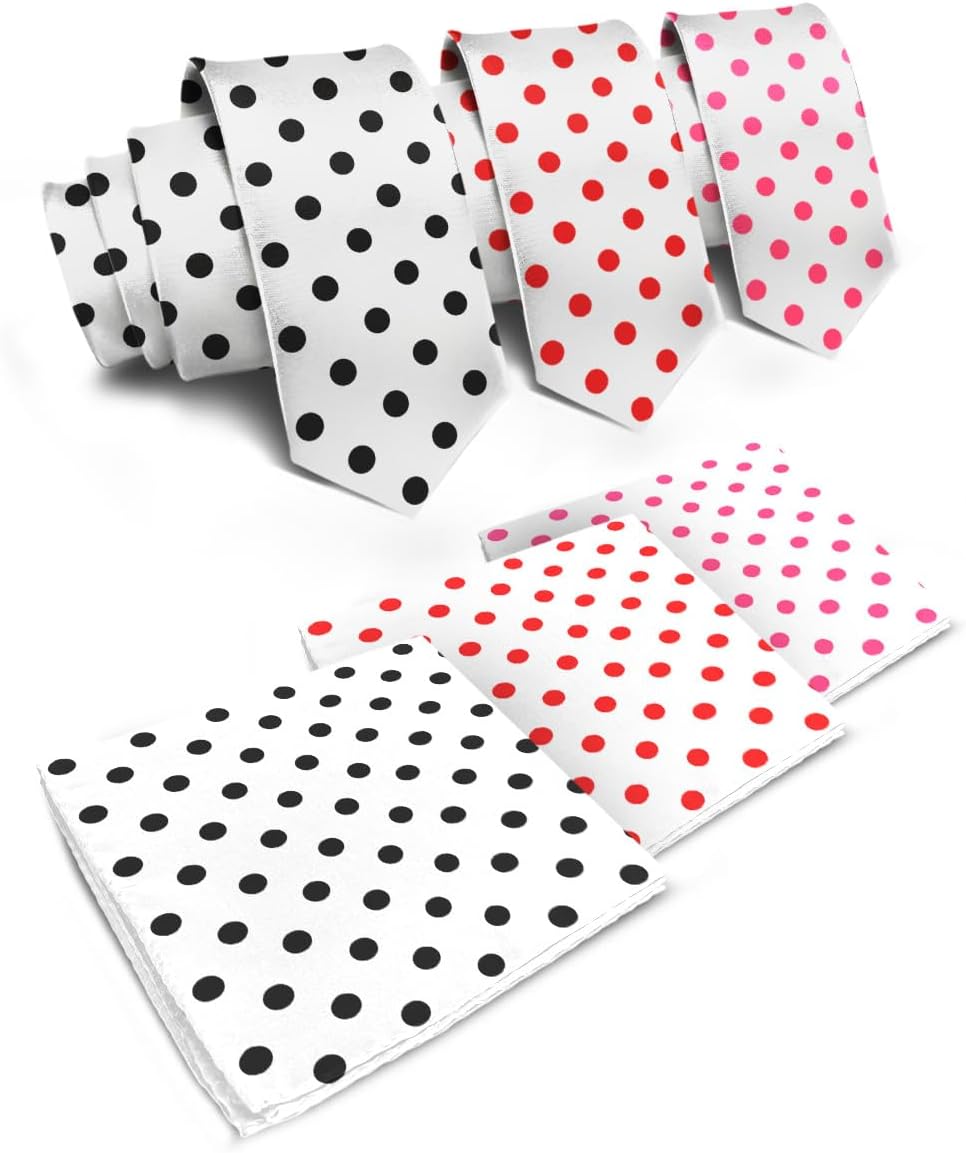 Vittorio Farina Men's Polka Dot Necktie & Pocket Square - White and Black/White and Red/White and Hot Pink - Necktie & Pocket Square - Vittorio Farina