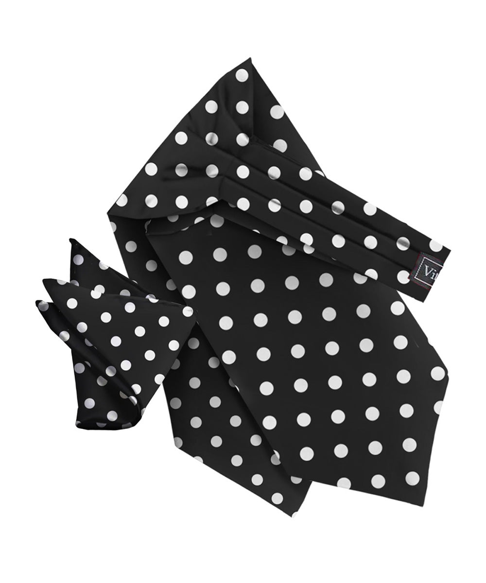 Vittorio Farina Men's Polka Dot Satin Ascot & Pocket Square - Black and White - Ascot & Pocket Square - Vittorio Farina